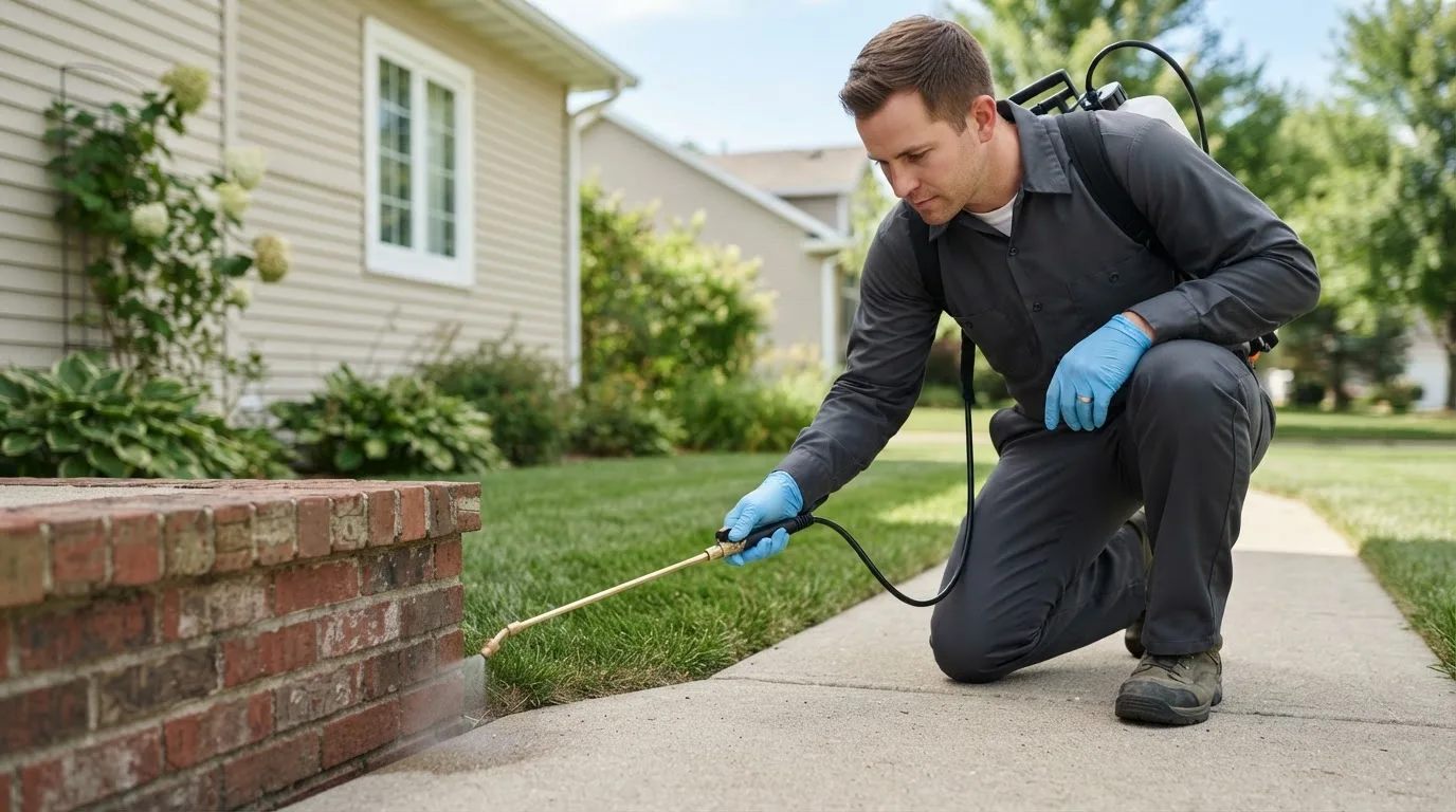 Pest control technician treating a home near Battleboro, NC